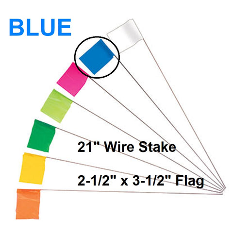 100 Wire Marking Flags, 2.5" x 3.5" BLUE polyethylene 3 mil flag, 21" long wire